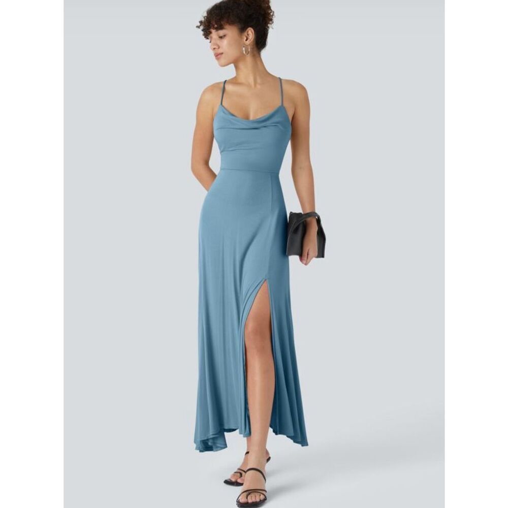 NWTs HALARA Cowl Neck Lace Up Midi Dress in Rainy Sky Blue Size Small